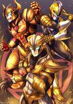  3boys absolute_diavolo absolute_tartarus absolute_titan alien arm_blade armor blue_eyes bracelet breastplate capelet chest_tattoo demon_horns evil_grin evil_smile full_armor glowing glowing_eyes gold gold_armor gold_trim grin highres holding holding_sword holding_weapon horns huge_horns jewelry knight long_sword male_focus multiple_boys open_mouth pauldrons piaceen3870 shoulder_armor shoulder_pads smile sword tattoo tokusatsu ultra_galaxy_fight:_the_absolute_conspiracy ultra_galaxy_fight:_the_destined_crossroad ultra_series weapon white_capelet 