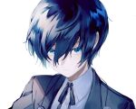  1boy bangs black_ribbon blazer blue_eyes blue_hair closed_mouth collared_shirt dress_shirt frown gekkoukan_high_school_uniform hair_between_eyes jacket lor_(roasyerizyonirapi) male_focus neck_ribbon persona persona_3 portrait ribbon school_uniform shiny shiny_hair shirt short_hair simple_background solo white_background white_shirt wing_collar yuuki_makoto 