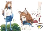  1girl animal_ear_fluff animal_ears blue_skirt blush bolero_(bo_le_ro66) brown_hair character_sheet closed_mouth curly_hair flower grass high_heels highres holding holding_flower long_hair multiple_views original red_footwear skirt sleeves_past_wrists socks standing tail turtleneck yellow_eyes yellow_flower 