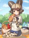  1girl african_wild_dog_print animal_ears baguette blue_bow blue_bowtie blush bow bowtie bread brown_eyes brown_hair collared_shirt crumbs cutoffs denim denim_shorts dog_ears dog_girl dog_tail eating eyebrows_visible_through_hair food food_on_face highres japari_symbol kemono_friends light_brown_hair long_sleeves looking_at_viewer lucky_beast_(kemono_friends) multicolored_hair no_shoes noamem pantyhose picnic_basket print_legwear print_sleeves seiza shirt short_hair short_shorts shorts sidelocks sitting solo tail thermos white_shirt 