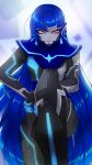  0_0c0ff 1boy androgynous arm_support asymmetrical_hair bangs black_bodysuit blue_bodysuit blue_hair blurry blurry_background blurry_foreground bodysuit clenched_teeth depth_of_field eyelashes eyeshadow foot_out_of_frame glowing hair_ornament hand_on_hip highres long_hair looking_at_viewer looking_down makeup male_focus pov protagonist_(smtv) shin_megami_tensei shin_megami_tensei_v shiny shiny_hair single_sidelock solo stepped_on symbol-only_commentary teeth thighs very_long_hair yellow_eyes 
