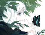  1girl :p aqua_eyes black_butterfly black_shirt bug butterfly butterfly_on_hand head_rest highres leaf long_hair nail_polish original own_hands_together plant profile red_nails shirt simple_background tenoo12 tongue tongue_out upper_body white_background white_hair 