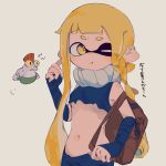  1girl absurdres agent_3_(splatoon_3) asymmetrical_hair bare_shoulders blonde_hair blush braid breasts bulging_eyes closed_mouth colored_sclera cropped_torso fingerless_gloves gloves groin highres inkling little_buddy_(splatoon) long_hair looking_at_viewer medium_breasts midriff navel nintendo pants pointy_ears revealing_clothes scarf shirt simple_background single_braid smallfry_(splatoon) solo splatoon_(series) splatoon_3 standing stomach suction_cups tentacle_hair torn_clothes torn_shirt underboob upper_body user_dawy2785 white_background yellow_eyes yellow_sclera 
