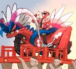  4boys avataro_sentai_donbrothers crossover donmomotarou folding_fan hand_fan highres holding holding_fan koraidon multiple_boys pokemon pokemon_(creature) pokemon_(game) pokemon_sv pun riding somechime_(sometime1209) sunglasses super_sentai 