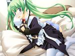  bed blue_eyes blue_panties breasts caught cleavage crotch_rub elbow_gloves emupii_maid_promotion_master feet game_cg gloves green_hair homura_yukine long_hair maid masturbation medium_breasts open_mouth panties pillow pillow_sex pillow_straddling sitting_on_pillow solo surprised tamahiyo thighhighs twintails underwear white_legwear 