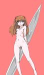  blue_eyes breasts double-blade fever-san hair_ornament long_hair navel neon_genesis_evangelion nipples nude pink_background pubic_hair simple_background small_breasts solo souryuu_asuka_langley standing weapon 