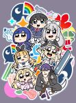  1boy 6+girls :d bkub black_hair blazer blonde_hair blue_hair blush bow bowtie bunny chibi company_name elu_(nijisanji) eyebrows_visible_through_hair fairy_wings grey_background grey_hair guitar hair_between_eyes hair_bow headphones headphones_around_neck high_ponytail highres higuchi_kaede holding holding_weapon instrument jacket kenmochi_touya kneehighs long_hair looking_at_viewer mole mole_under_eye mononobe_alice multiple_girls musical_note nijisanji no_hands one_eye_closed open_mouth outline outstretched_arms pajamas plaid plaid_skirt pleated_skirt ponytail purple_hair red_legwear school_uniform shizuka_rin shoes short_hair side_ponytail skirt smile socks spread_arms squatting trumpet tsukino_mito very_long_hair weapon white_outline wings 