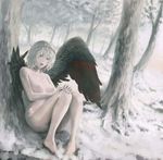  breasts chiki_(botsugo) forest grey_eyes medium_breasts nature nipples nude original short_hair silver_(color) silver_hair snow solo wings 