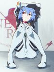 1girl absurdres aetherion arms_up ayanami_rei bangs blue_hair bodysuit closed_mouth eyebrows_visible_through_hair frown full_body hair_ornament highres interface_headset knees_together_feet_apart looking_to_the_side neon_genesis_evangelion nerv on_floor plugsuit red_eyes short_hair sitting solo wall white_bodysuit 