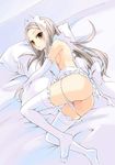  ass bed blush breasts feet gundam gundam_00 long_hair lying medium_breasts otabe_sakura panties panty_pull pussy sideboob silver_hair solo soma_peries thighhighs underwear yellow_eyes 