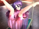  arms_behind_back bangs barefoot bdsm bondage bound bound_arms breasts censored empty_eyes encasement folded food fumio_(ura_fmo) game_cg gelatin hair_ornament hairclip in_container in_food legs_up medium_breasts mosaic_censoring nude oversized_object platform_truck purple_eyes purple_hair rope shoukoujo_~watashi_wo_wasurenaide~ sidelocks sitting solo spread_legs tile_floor tiles 