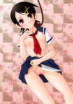  black_hair blush breasts brown_eyes count_zero fuura_kafuka highres knife no_panties noose open_clothes open_shirt pussy rope sayonara_zetsubou_sensei school_uniform serafuku shirt short_hair skirt skirt_lift small_breasts smile solo suicide 