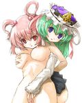  arms_behind_back blue_eyes breast_grab breasts clitoris clothed_female_nude_female front_to_back grabbing green_hair hat kuku large_breasts multiple_girls nipples nude onozuka_komachi pink_hair puffy_nipples pussy reach-around red_eyes shiki_eiki simple_background spread_pussy touhou uncensored yuri 