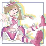  blue_eyes brown_hair earrings flat_chest hair_ribbon happy haruka_(pokemon) haruka_(pokemon)_(remake) high_heels idol jewelry jumping legs midriff navel open_mouth ribbon skirt 