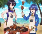  +_+ 2girls :d absurdres apron bad_source barbecue black_hair blue_hair commission commissioner_upload cooking fire_emblem fire_emblem:_genealogy_of_the_holy_war fire_emblem_heroes food grill grilling headband highres larcei_(fire_emblem) looking_at_another mari48240422 meat multiple_girls open_mouth original purple_eyes short_hair smile steak sword weapon white_apron white_headband 