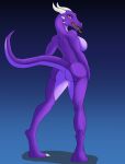  absurd_res anthro big_breasts breasts butt digitigrade dragon fan_character female freya_(wardensart) hi_res horn humanoid purple_body purple_scales raised_tail scales solo tongue tongue_out wardensart yellow_eyes 