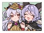  2girls ^_^ animal_ears armor bangs bare_shoulders blush border cape closed_eyes closed_mouth detached_sleeves eno_(preno_gb) granblue_fantasy hands_on_another&#039;s_shoulders headdress long_hair looking_at_viewer medusa_(shingeki_no_bahamut) multiple_girls pointy_ears purple_hair red_eyes satyr_(granblue_fantasy) sidelocks smile sweatdrop upper_body v-shaped_eyebrows 