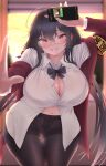  1girl absurdres ahoge armband ass_visible_through_thighs azur_lane bangs black_bow black_bowtie black_hair black_legwear blurry blurry_background blush bow bowtie breasts cellphone cleavage collared_shirt cowboy_shot crotch_seam glasses hair_between_eyes highres holding holding_phone huge_breasts jacket john_zerowb leaning_forward long_hair looking_at_viewer loose_bowtie navel no_pants open_clothes open_jacket pantyhose partially_unbuttoned phone phone_screen plump red_eyes red_jacket round_eyewear shirt smartphone smile solo standing taihou_(azur_lane) teeth thick_thighs thigh_gap thighband_pantyhose thighs traditional_bowtie very_long_hair white_shirt 