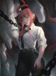  1girl 5others astronaut bangs belt black_necktie blood blood_on_hands blunt_bangs blurry blurry_foreground braid chain chainsaw_man closed_mouth dark_halo ennmatien halo highres long_hair looking_at_viewer makima_(chainsaw_man) multiple_others necktie painterly pink_lips red_hair shirt_tucked_in smile solo_focus yellow_eyes 