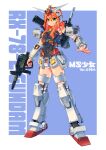  1girl absurdres ag_00000 armor bangs beam_rifle blue_background breasts character_name commentary energy_gun english_text full_body green_eyes gundam highres long_hair looking_at_viewer mecha_musume mobile_suit_gundam open_hand orange_hair rx-78-2 shoulder_cannon sidelocks small_breasts smile solo standing thrusters two-tone_background v-fin wavy_hair weapon white_background 