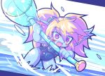  1girl animal_ears blonde_hair blue_skin blush_stickers breasts colored_skin fang hammer holding holding_hammer inflatable_toy kayo!!_(gotoran) league_of_legends long_hair pointy_ears poppy_(league_of_legends) purple_eyes solo swimsuit twintails water yordle 