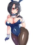  1girl animal_ears black_gloves black_hair blue_leotard blush bow bowtie breasts covered_navel cowboy_shot detached_collar eyebrows_visible_through_hair fake_animal_ears fake_tail gloves hair_between_eyes hand_on_own_chest highres kantai_collection kurokoshou_(emuburemu123) large_breasts leotard open_mouth pantyhose playboy_bunny rabbit_ears rabbit_tail red_eyes short_hair simple_background solo strapless strapless_leotard tail takao_(kancolle) traditional_bowtie white_background wrist_cuffs 