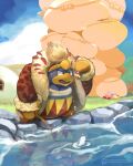  absurdres bandana_waddle_dee coat fishing fishing_rod fur_trim hat highres kappafarm king_dedede kirby kirby&#039;s_house kirby_(series) kirby_and_the_forgotten_land looking_at_animal red_coat red_headwear sweatdrop 