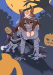  1girl :o absurdres all_fours animal_ears bandaged_arm bandaged_head bandages bare_shoulders bare_tree bat black_skirt blue_eyes blush breasts brown_hair cleavage different_shadow highres horse_ears horse_girl horse_tail jack-o&#039;-lantern large_breasts long_hair looking_at_viewer moon open_mouth shadow skirt solo super_creek_(chiffon_ribbon_mummy)_(umamusume) super_creek_(umamusume) supodorichan tail tombstone tree umamusume 