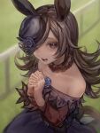  1girl animal_ears bare_shoulders black_hair blue_dress blue_flower blue_rose dress flower flying_sweatdrops fur_collar grass hair_over_one_eye hat hat_flower highres horse_ears horse_girl interlocked_fingers kokemozuku long_hair looking_at_viewer off-shoulder_dress off_shoulder open_mouth outdoors own_hands_together purple_eyes rice_shower_(umamusume) rose scabbard sheath smile solo teeth tilted_headwear umamusume upper_body upper_teeth 