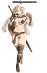  1girl :t armor bikini_armor blue_eyes boots bread breasts commentary_request eating english_commentary fingerless_gloves food full_body gloves highres holding holding_food horns large_breasts long_hair mixed-language_commentary navel nyatokanyaru revealing_clothes shield sidelocks simple_background solo sword the_elder_scrolls the_elder_scrolls_v:_skyrim thick_thighs thigh_boots thighs twintails underboob very_long_hair walking weapon weapon_on_back white_background white_hair 