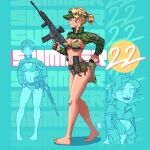  1girl absurdres assault_rifle barefoot bikini blonde_hair camouflage camouflage_bikini cropped_jacket gun highres holding holding_gun holding_weapon kar-21 magazine_(weapon) multiple_views original ostwindprojekt ponytail rifle swimsuit trigger_discipline vertical_foregrip visor_cap weapon 