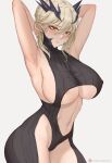  1girl armpits arms_behind_head arms_up artoria_pendragon_(fate) artoria_pendragon_(lancer_alter)_(fate) bare_shoulders black_bodysuit blonde_hair bodysuit braid breasts center_opening covered_nipples fate/grand_order fate_(series) french_braid hair_between_eyes highres horns large_breasts long_hair looking_at_viewer lsls navel revealing_clothes ribbed_bodysuit sideboob sidelocks sleeveless solo thighs underboob yellow_eyes 