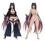  1girl animal_ears areola_slip barefoot black_gloves black_hair black_kimono black_panties blue_pants breasts character_request cleavage collarbone colored_tips completely_nude copyright_request feet full_body fundoshi gloves grin hair_between_eyes hakama hakama_pants half_gloves high_collar highres japanese_clothes kimono large_breasts multicolored_hair navel nipples no_pussy nude nyatokanyaru obi obiage obijime panties pants red_eyes red_hair sarashi sash sidelocks simple_background sleeves_past_elbows smile stomach symbol-only_commentary tail thong toeless_legwear toes two-tone_hair underwear variations white_background 