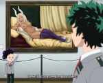  2boys absurdres arm_up blazer blurry blurry_foreground boku_no_hero_academia commentary dismaiden english_commentary english_text gloves green_hair grey_jacket groin half-closed_eyes highres indoors jacket leaf_on_breast long_sleeves midoriya_izuku mineta_minoru mirko multiple_boys navel necktie no_eyes nude open_mouth painting_(object) parody pasties pointing profile red_eyes school_uniform signature smile spy_x_family standing thighhighs thighs u.a._school_uniform white_gloves white_hair 