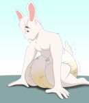  absurd_res all_fours anthro big_diaper bodily_fluids diaper extremius_amphibious fur genital_fluids hi_res humping_diaper kneeling lagomorph leporid male mammal rabbit solo urine wet_diaper wetting white_body white_fur 