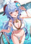  1girl :d ahoge aqua_flower arm_strap ass_visible_through_thighs bangs bell bikini blue_hair blurry blurry_background blush bracelet breasts cleavage detached_collar eyebrows_visible_through_hair flower ganyu_(genshin_impact) genshin_impact goat_horns hair_between_eyes hair_flower hair_ornament hand_up highres holding horns jewelry large_breasts long_hair looking_at_viewer navel neck_bell open_mouth pool pool_ladder purple_eyes satoupote sidelocks smile solo stomach swimsuit thighlet thighs water water_drop wet 