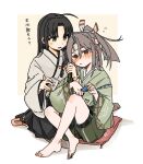  2girls bangs barefoot black_hair black_hakama blush bow brown_eyes closed_mouth cup cushion drunk eyebrows_visible_through_hair green_hakama green_kimono hachimaki hair_between_eyes hair_bow hakama hakama_shorts headband highres hinata_hibari holding holding_cup japanese_clothes kantai_collection kimono long_hair low-tied_long_hair multiple_girls parted_lips pink_bow ponytail shorts shouhou_(kancolle) simple_background sitting translation_request very_long_hair wide_sleeves zuihou_(kancolle) 