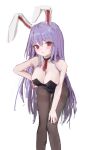  1girl animal_ears bare_arms bare_shoulders bent_over black_legwear blush breasts cleavage detached_collar expressionless hand_on_hip highres large_breasts leaning_forward leotard long_hair looking_at_viewer necktie pantyhose playboy_bunny purple_hair rabbit_ears red_eyes reddizen reisen_udongein_inaba solo touhou very_long_hair 