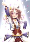  1girl absurdres ahoge animal_ears arm_up blush brown_hair choker clothing_cutout common_race_outfit_(umamusume) confetti copano_rickey_(umamusume) cropped_jacket diffraction_spikes fang half-skirt hand_on_hip highres horse_ears long_hair long_sleeves looking_at_viewer multicolored_hair navel_cutout open_mouth pointing pointing_up red_eyes red_shorts red_vest shintakumin shirt shorts smile solo spotlight sweat two-tone_hair umamusume vest white_hair white_shirt wristband 