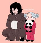  1boy 1girl alternate_costume alternate_hairstyle black_footwear black_hair blush boku_no_hero_academia brown_horns brown_pants child clothing_request commentary double_bun eraser_head_(boku_no_hero_academia) eri_(boku_no_hero_academia) female_child grey_hair holding holding_stuffed_toy horns japanese_clothes long_hair long_sleeves nns146 own_hands_together pants pink_background pink_pants red_eyes scar scar_on_cheek scar_on_face shoes simple_background single_horn squatting standing stuffed_animal stuffed_panda stuffed_toy 