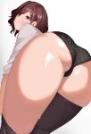  1girl absurdres apple_(ygbhjdbiulsg) ass ass_focus black_legwear black_panties cameltoe highres higuchi_madoka idolmaster idolmaster_shiny_colors lace-trimmed_panties lace_trim leaning_forward looking_at_viewer looking_back mole mole_under_eye panties red_eyes red_hair shirt short_hair simple_background solo sweatdrop thighhighs underwear undressing wavy_hair white_background white_shirt 