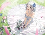  1girl :d bare_arms bare_shoulders blue_eyes blush bouquet breasts bridal_veil collarbone commentary_request day dress flower grass hair_flower hair_ornament high_heels highres holding holding_bouquet imouto_sae_ireba_ii kani_nayuta kantoku large_breasts looking_at_viewer open_mouth outdoors petals shoes short_hair sitting sleeveless sleeveless_dress smile solo veil wedding_dress white_footwear white_hair 