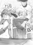  1boy 4girls absurdres arm_wrestling armor ass back barioth_(armor) beer_mug blue_eyes blush boots breasts cheering closed_eyes cup drink drooling drunk facing_another flat_ass full-face_blush greyscale height_difference high_ponytail highres holding holding_cup kirin_(armor) long_hair long_sleeves midair midriff monochrome monster_hunter_(character) monster_hunter_(series) motion_blur mug multiple_girls muscular muscular_male nargacuga_(armor) niwarhythm open_mouth panties shoulder_armor smile spread_legs standing strapless strong tongue tongue_out tube_top underboob underwear vest wooden_cup zinogre_(armor) 