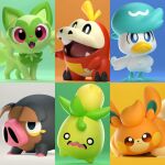  3d animal bird cat duck fangs fuecoco henry_vargas highres lechonk looking_at_viewer no_humans open_mouth orange_fur pawmi pig pokemon pokemon_(creature) pokemon_(game) pokemon_sv quaxly scared smoliv sprigatito 