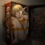  1girl ahoge as109 bangs barefoot blonde_hair box buckle closed_eyes dark_room eyebrows_visible_through_hair feet fetal_position hair_between_eyes hair_over_eyes highres in_box in_container indie_virtual_youtuber knees_to_chest leather_strap long_hair looking_at_viewer nude open_box open_mouth pointy_ears shui_lan_er sidelocks sleeping solo suitcase teeth thighs ward 