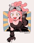  1girl :d black_gloves black_shirt blush_stickers boku_no_hero_academia breasts character_name gloves goggles goggles_on_head grey_background hatsume_mei highres holding holding_wrench long_hair looking_at_viewer medium_breasts nns146 partially_fingerless_gloves pink_hair shirt smile smudge solo symbol-shaped_pupils twitter_username wrench yellow_eyes 