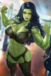  1girl abs biceps black_hair breasts colored_skin flexing green_eyes green_skin gym large_breasts lingerie lipstick long_hair looking_at_viewer makeup marvel muscular muscular_female neoartcore pose purple_lips she-hulk solo thick_thighs thighs underwear 