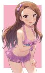  1girl absurdres bangs blush bow breast_hold breasts brown_hair collarbone commentary_request dot_nose forehead frilled_swimsuit frills hairband hand_on_own_thigh highres idolmaster idolmaster_(classic) long_hair looking_at_viewer minase_iori navel open_mouth pink_background pink_bow pink_hairband pink_swimsuit polka_dot shuucream_(syuichi) small_breasts solo stomach swimsuit swimsuit_skirt thighs 