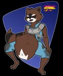  abdominal_bulge anthro belly big_belly brown_body brown_fur fur guardians_of_the_galaxy hand_on_stomach hi_res male mammal marvel open_mouth ozzythegoat15 procyonid raccoon red_eyes rocket_raccoon same_size_vore vore 