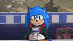  anthro beverage black_nose blue_body blue_fur bodily_fluids clothed clothing edit food fur gloves green_eyes handwear holding_beverage holding_object male mobiussoda sega solo sonic_the_hedgehog sonic_the_hedgehog_(series) spider-man:_into_the_spider-verse sweat sweatdrop tan_body tan_fur white_clothing white_gloves white_handwear worried 